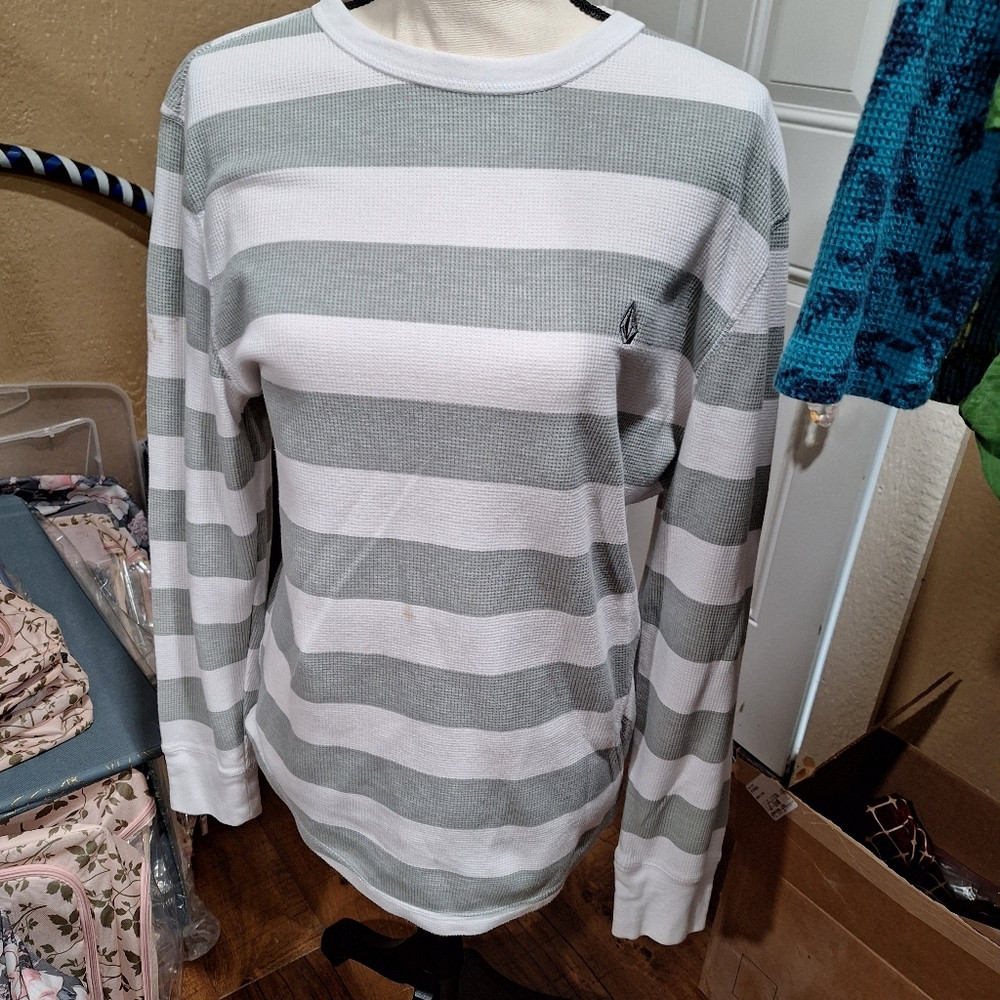 Volcom, White & Gray Striped Long Sleeve Shirt